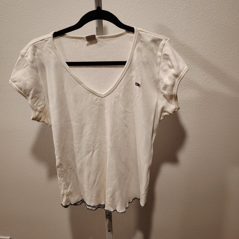 Tommy Hilfiger Junior's White Ribbed V-Neck Shirt Size XXL Cotton Vintage